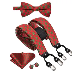 Hi-Tie Red Green Christmas Necktie Suspender Bowtie Hanky Cufflink Set