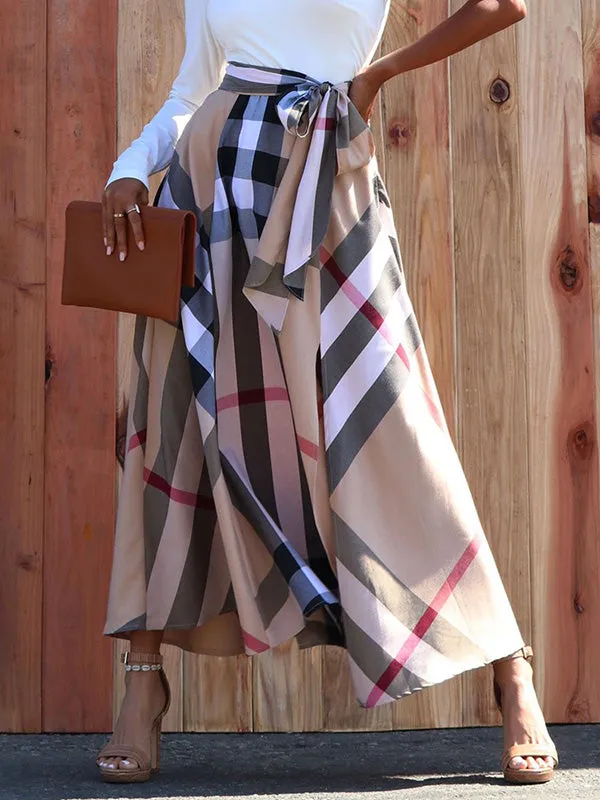 High Waisted Loose Plaid Split-Side Tied Waist Skirts Bottoms