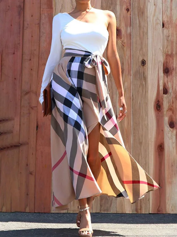 High Waisted Loose Plaid Split-Side Tied Waist Skirts Bottoms