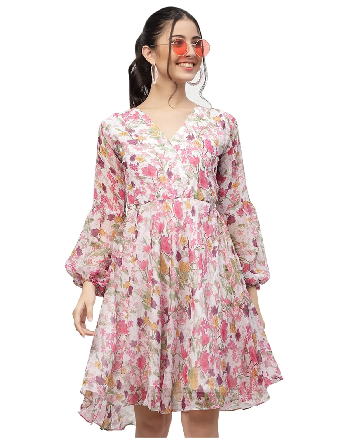 I ENTERPRISE Women's Georgette Pink V Neck Full Sleeve A-line Dress for Women | One Piece Dress for Women | Dress for Women Stylish | Western Dress | Dress for Women | Printed Dress