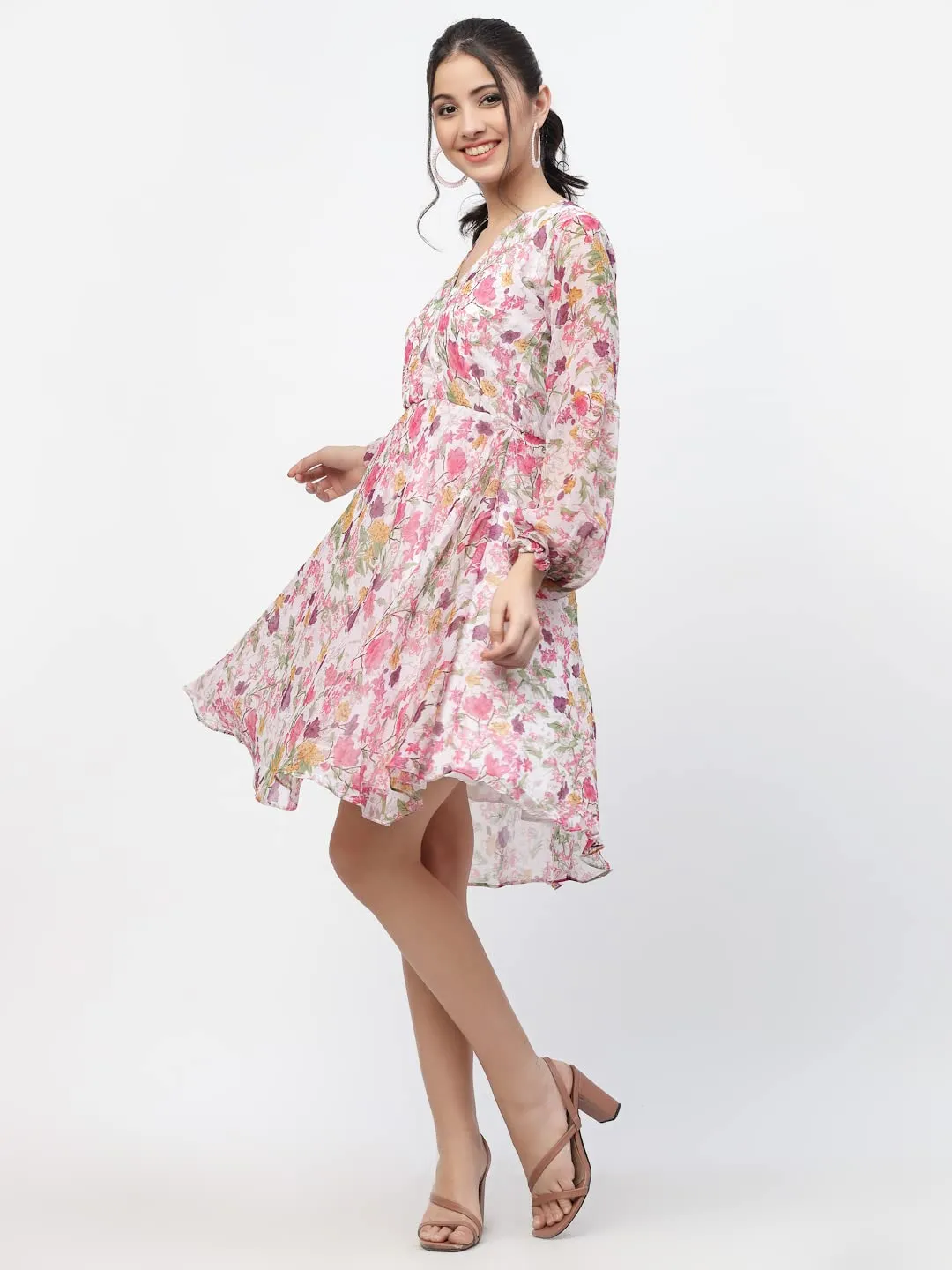 I ENTERPRISE Women's Georgette Pink V Neck Full Sleeve A-line Dress for Women | One Piece Dress for Women | Dress for Women Stylish | Western Dress | Dress for Women | Printed Dress