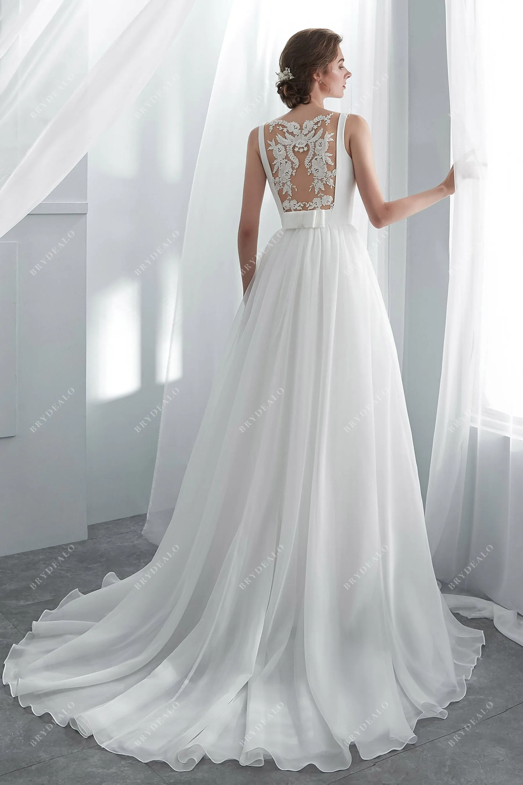 Illusion Lace Back Elegant Crepe Organza A-line Wedding Gown