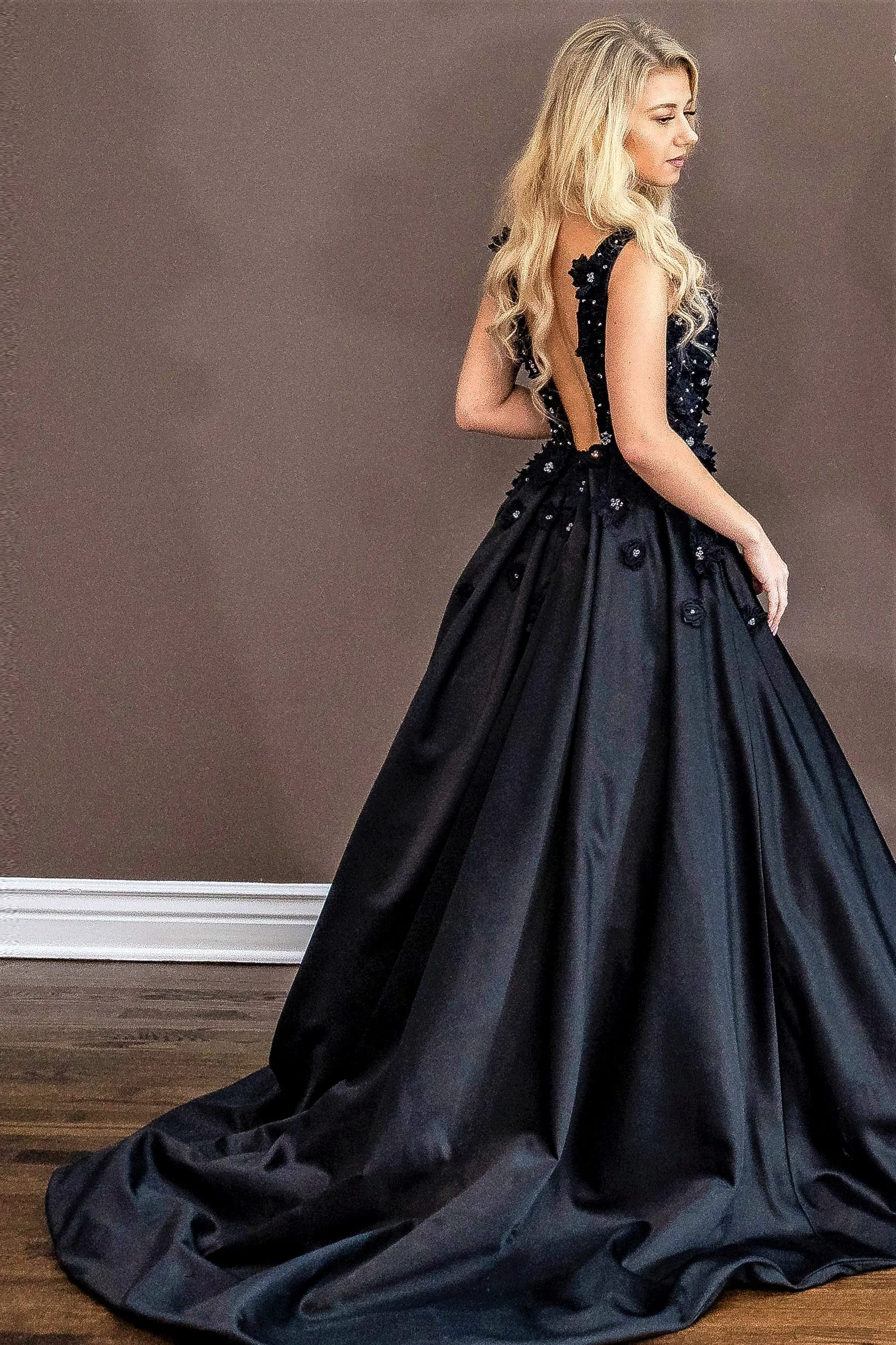 IN BLOOM 3D Floral Low Back A-Line Black Evening Gown