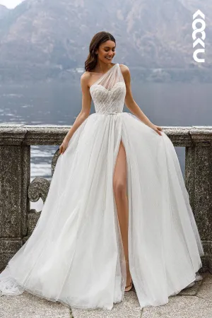 K1940 - Classic & Timeless One Shoulder Sleeveless Side Slit A-line Wedding Dress