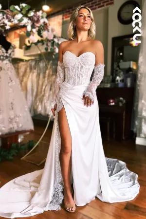 K1959 - Glamorous & Dramatic Sweetheat Half Sleeves Side Slit Lace Applique Wedding Dress