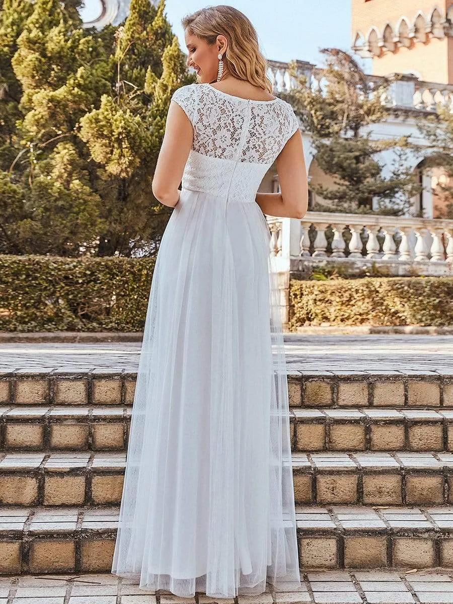 Lace V-Neck Floor Length Cap Sleeve Casual Wedding Dress