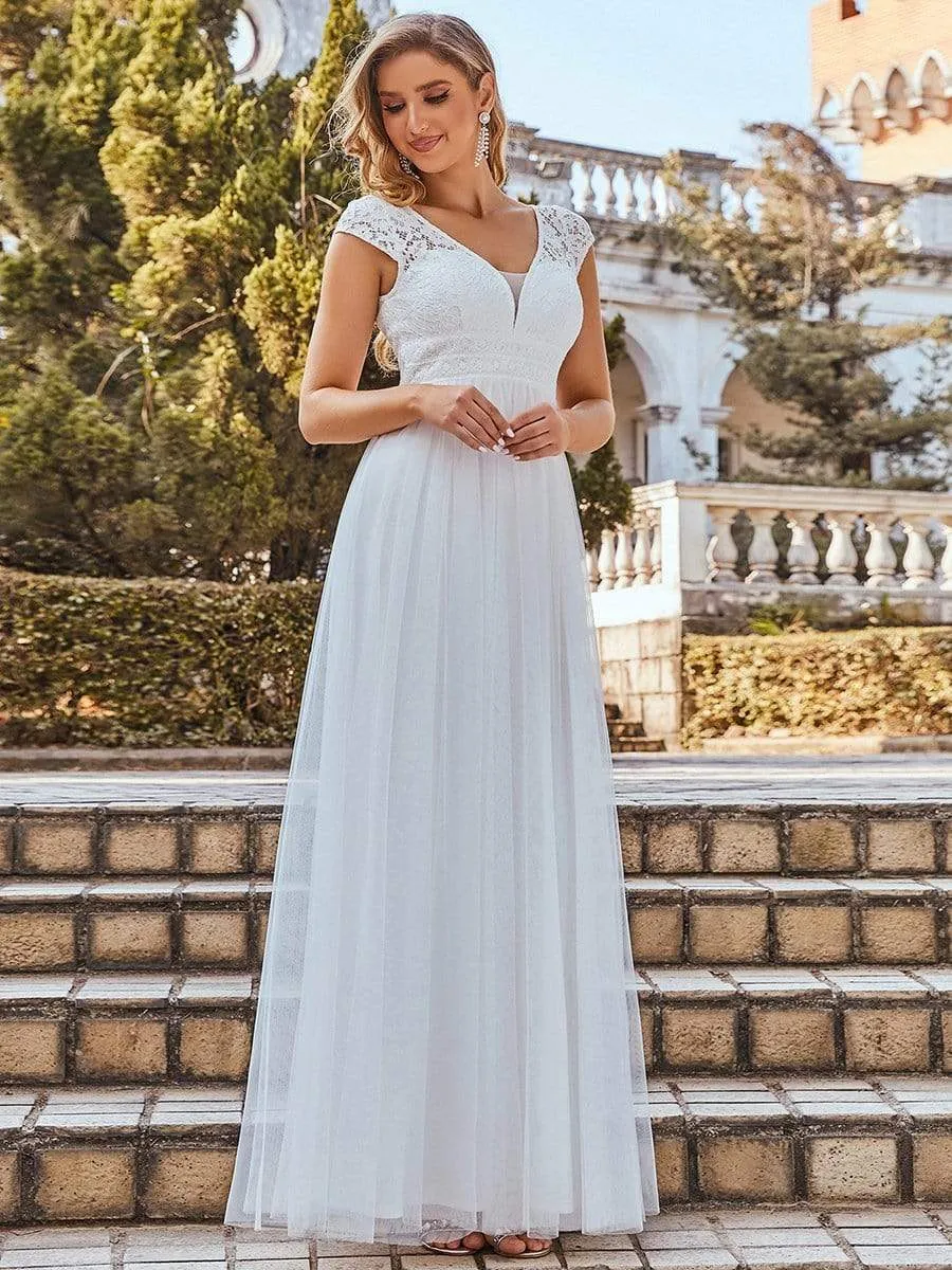 Lace V-Neck Floor Length Cap Sleeve Casual Wedding Dress