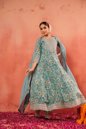 Light Sea Green Floral Printed Chinon Silk Anarkali Set