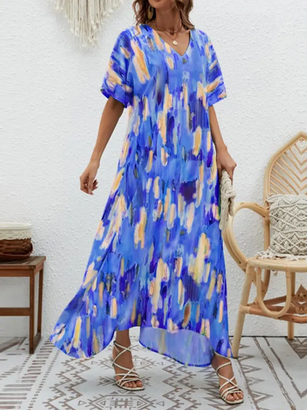 Loose Short Sleeves Contrast Color High-Waisted Printed V-neck Maxi Dresses