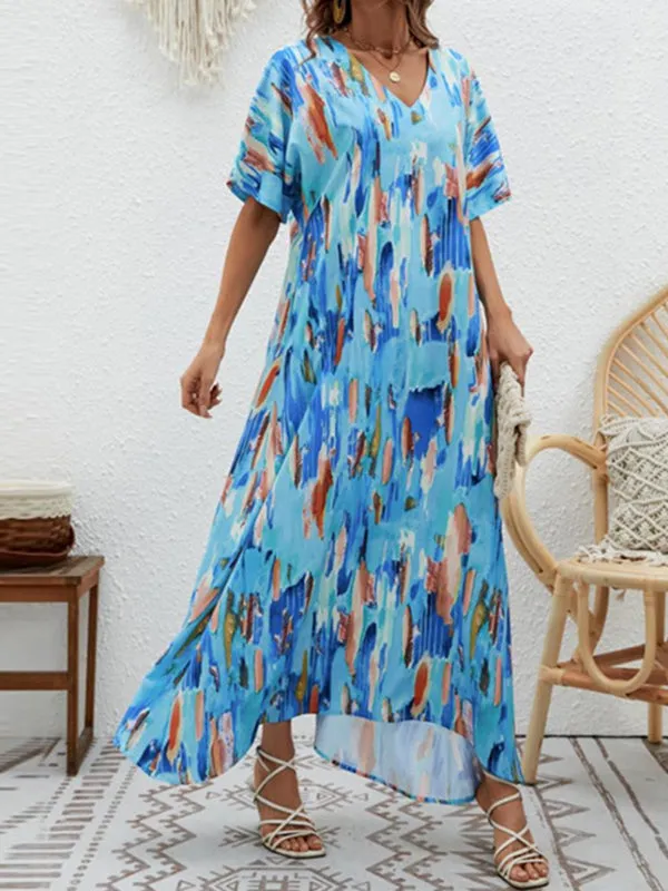 Loose Short Sleeves Contrast Color High-Waisted Printed V-neck Maxi Dresses