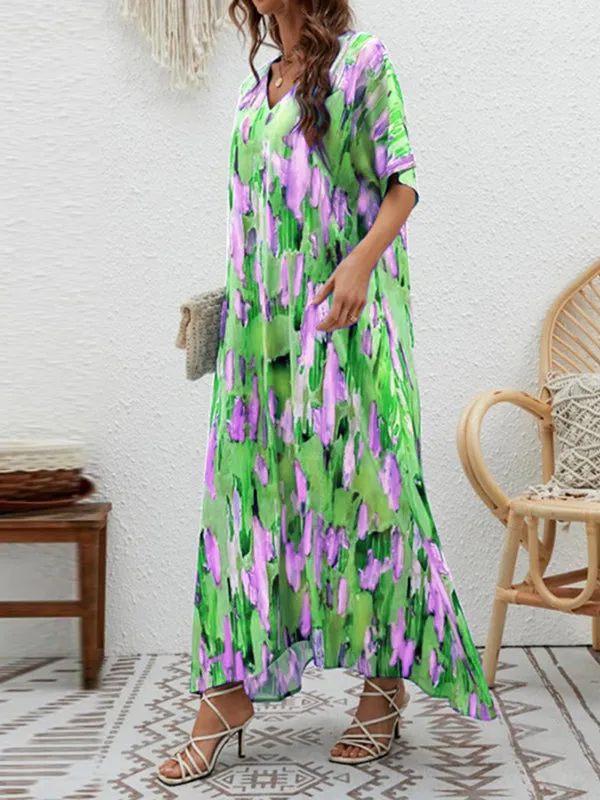 Loose Short Sleeves Contrast Color High-Waisted Printed V-neck Maxi Dresses