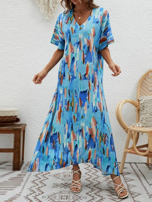 Loose Short Sleeves Contrast Color High-Waisted Printed V-neck Maxi Dresses