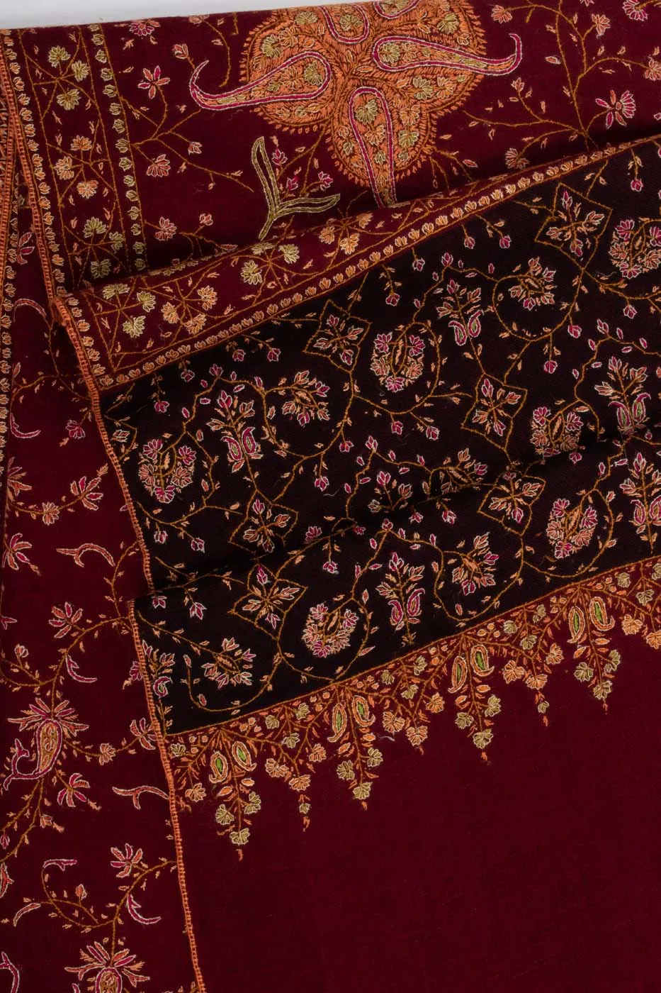 Maroon and Black Hand Embroidered Pashmina Shawl - NEWPORT