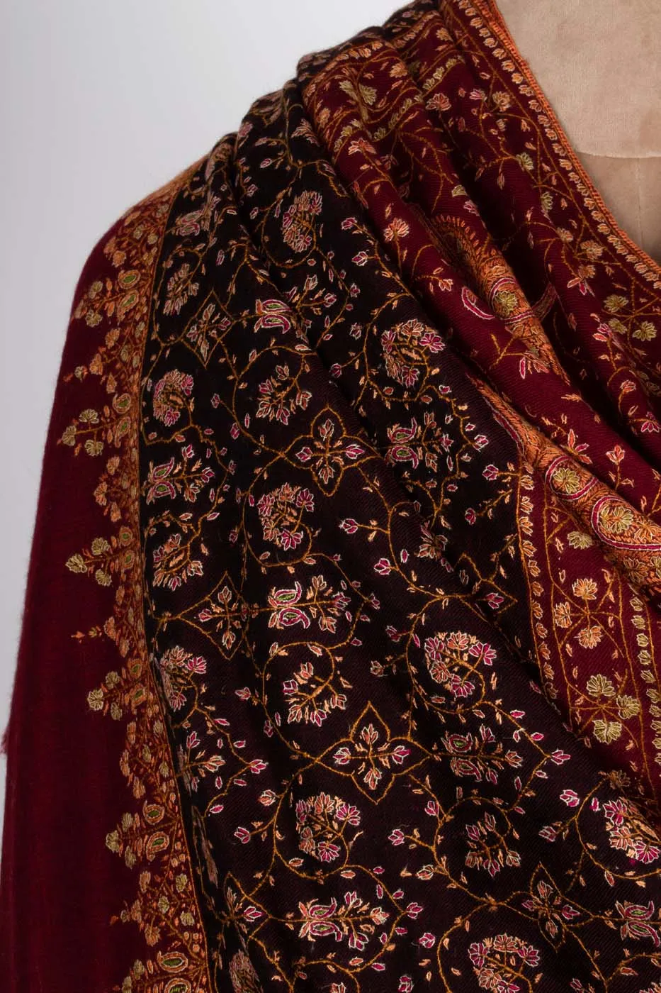 Maroon and Black Hand Embroidered Pashmina Shawl - NEWPORT