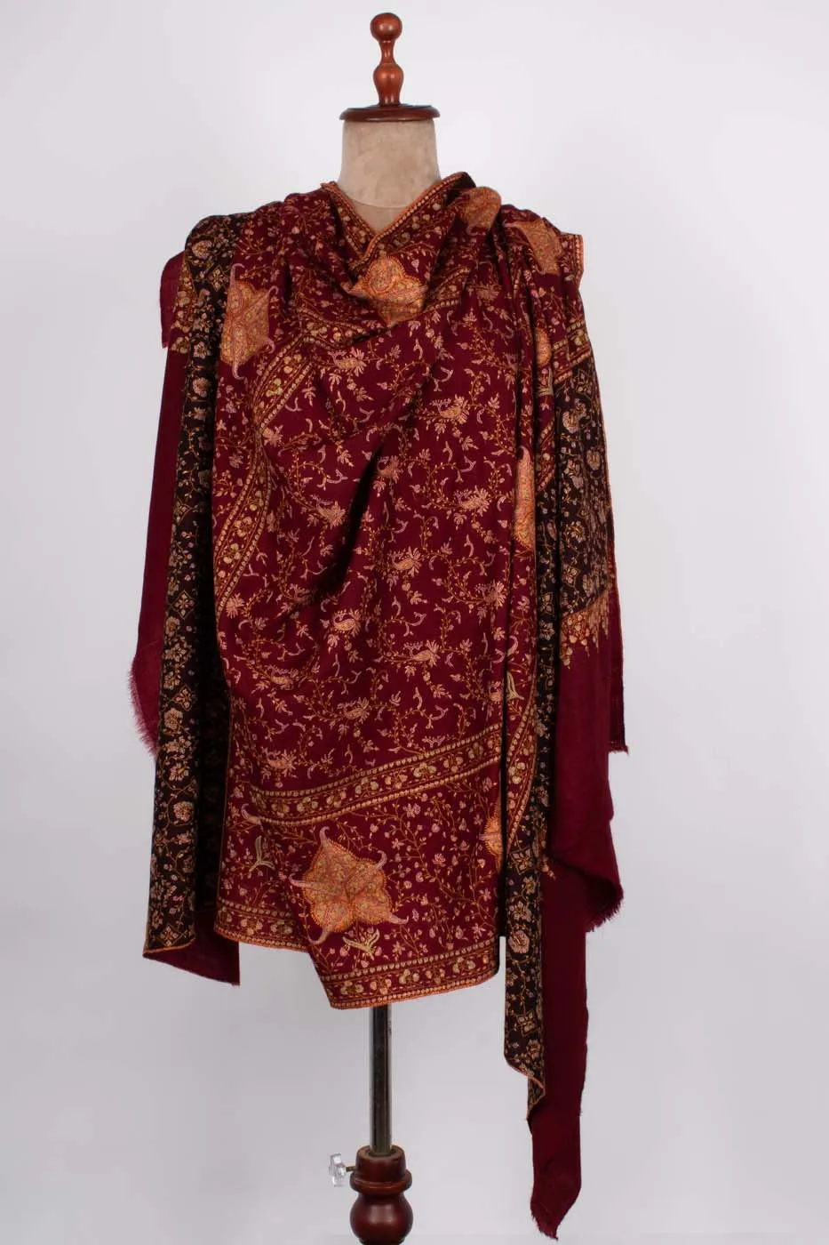 Maroon and Black Hand Embroidered Pashmina Shawl - NEWPORT