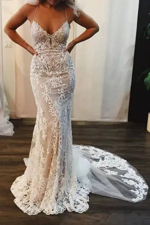 Mermaid Lace Appliques Spaghetti Straps V-Neck Ivory Wedding Dresses