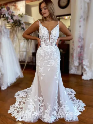 Mermaid Spaghetti Straps White Applique Lace Wedding Dress With Sweep Train EWR401