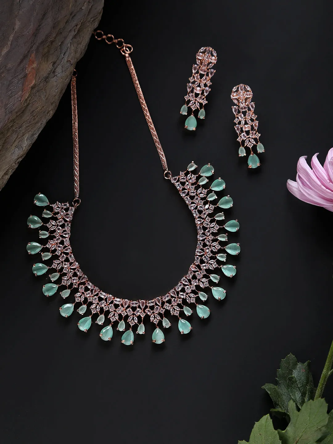 Mint Green American Diamond Rose Gold Plated Jewellery Set