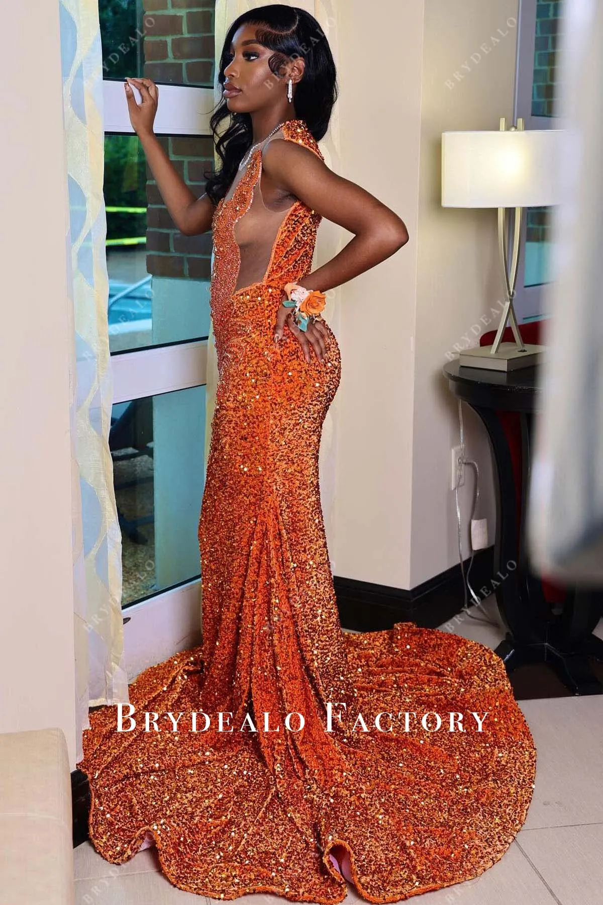 Orange Rhinestones Sequined Mermaid Prom Dress