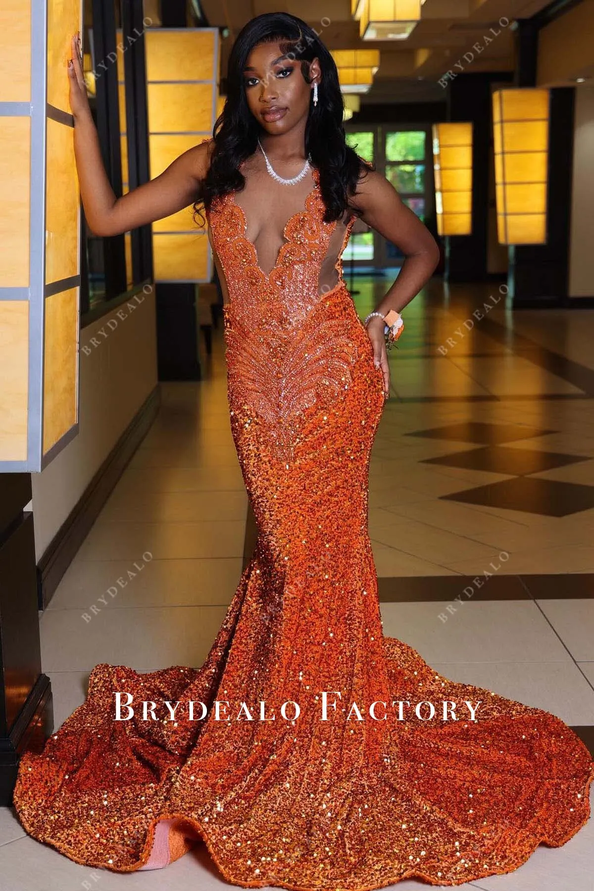 Orange Rhinestones Sequined Mermaid Prom Dress