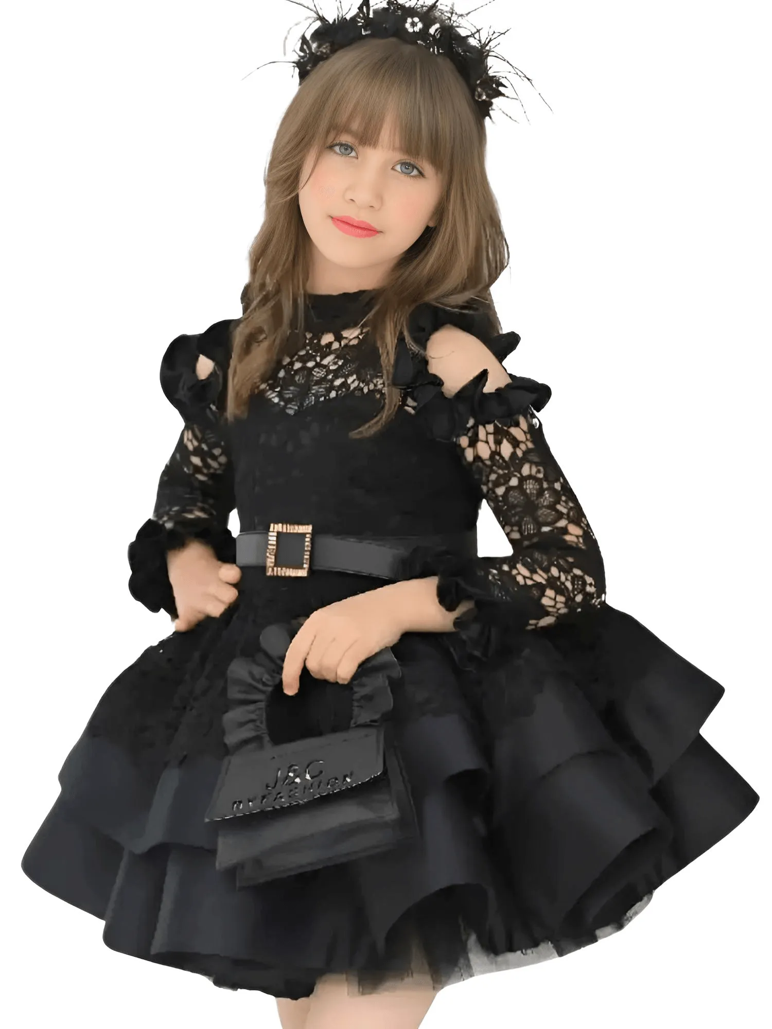 Princess High Neck With Illusion Sleeve Fluffy Skirt Girl's Lace Ball Gown Formal Party