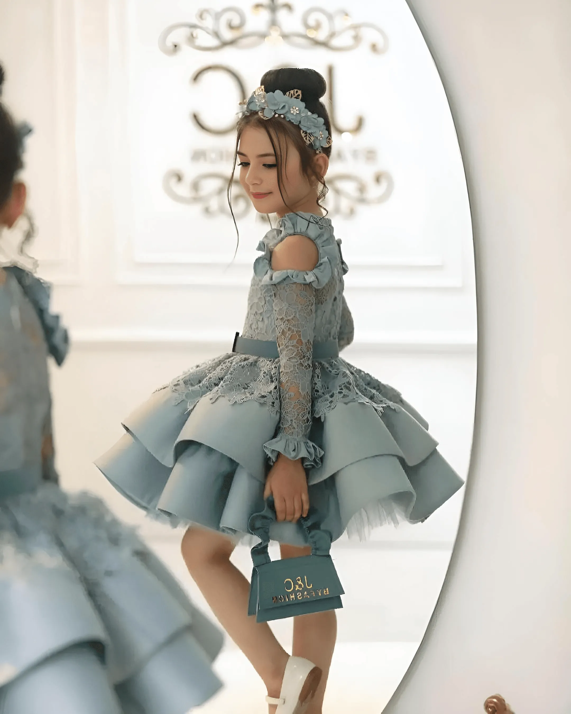 Princess High Neck With Illusion Sleeve Fluffy Skirt Girl's Lace Ball Gown Formal Party