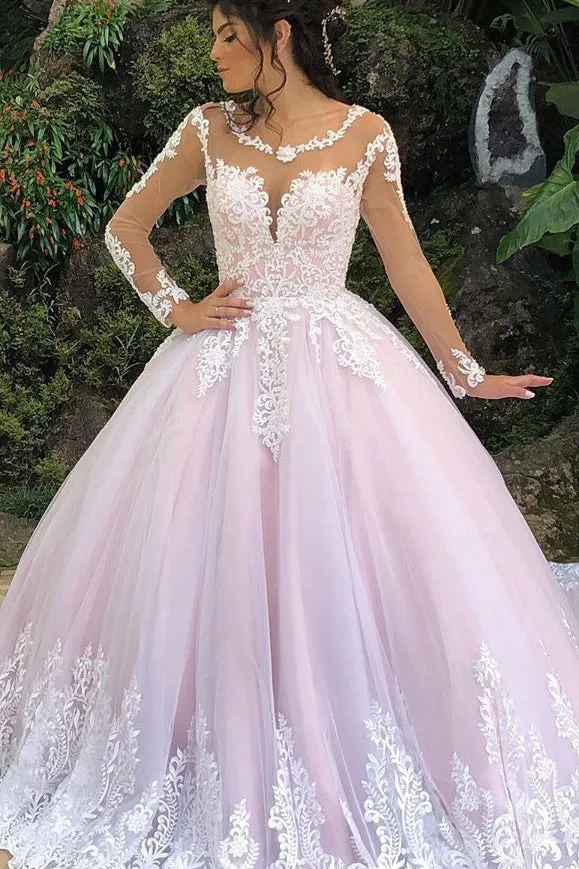 Princess Long Sleeves A-line Pink Wedding Dress with Lace