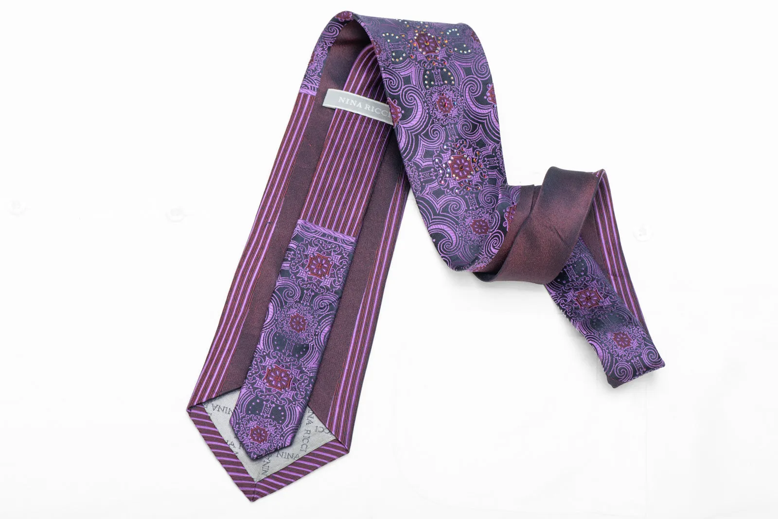 Purple Damask On Navy Rhinestone Necktie