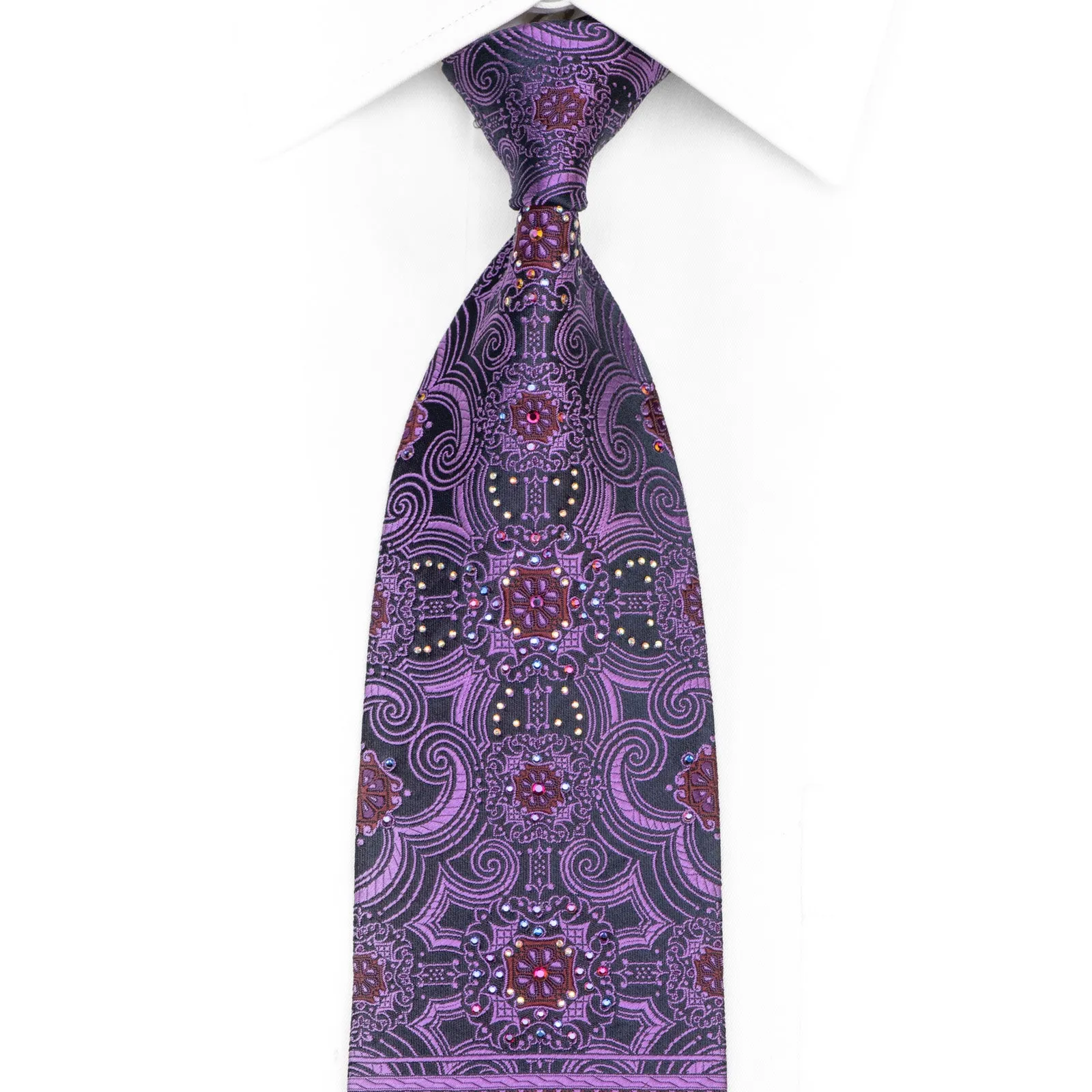 Purple Damask On Navy Rhinestone Necktie