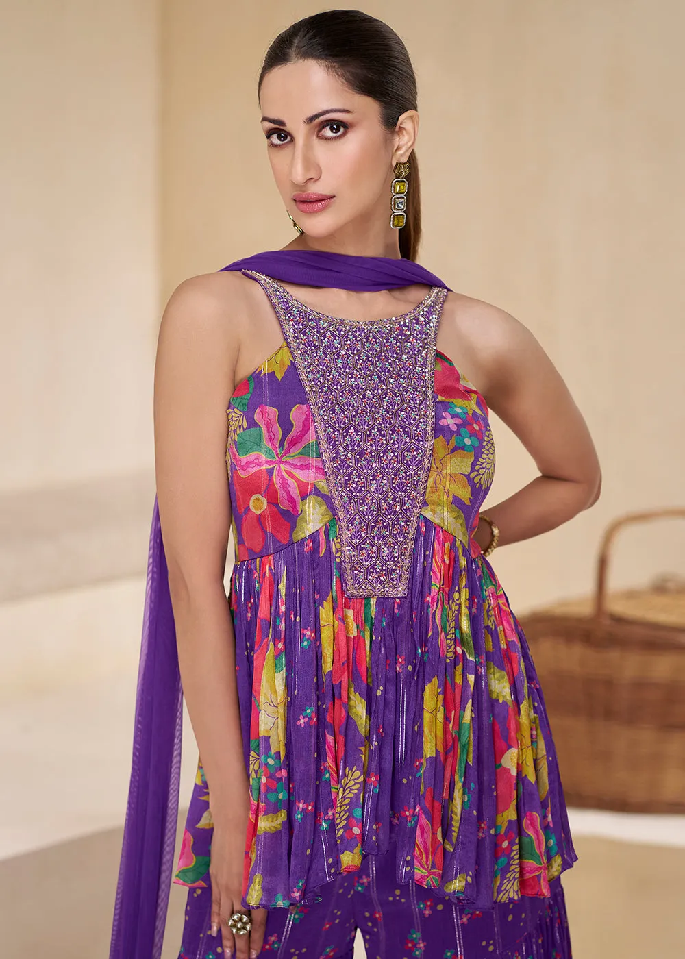 Purple Digital Printed & Embroidered Party Style Sharara Suit