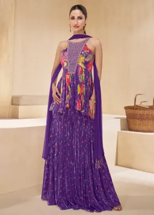 Purple Digital Printed & Embroidered Party Style Sharara Suit