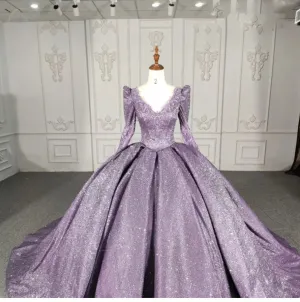 Purple Long Sleeve Full Gather Skirt A Line Party Ball Gown