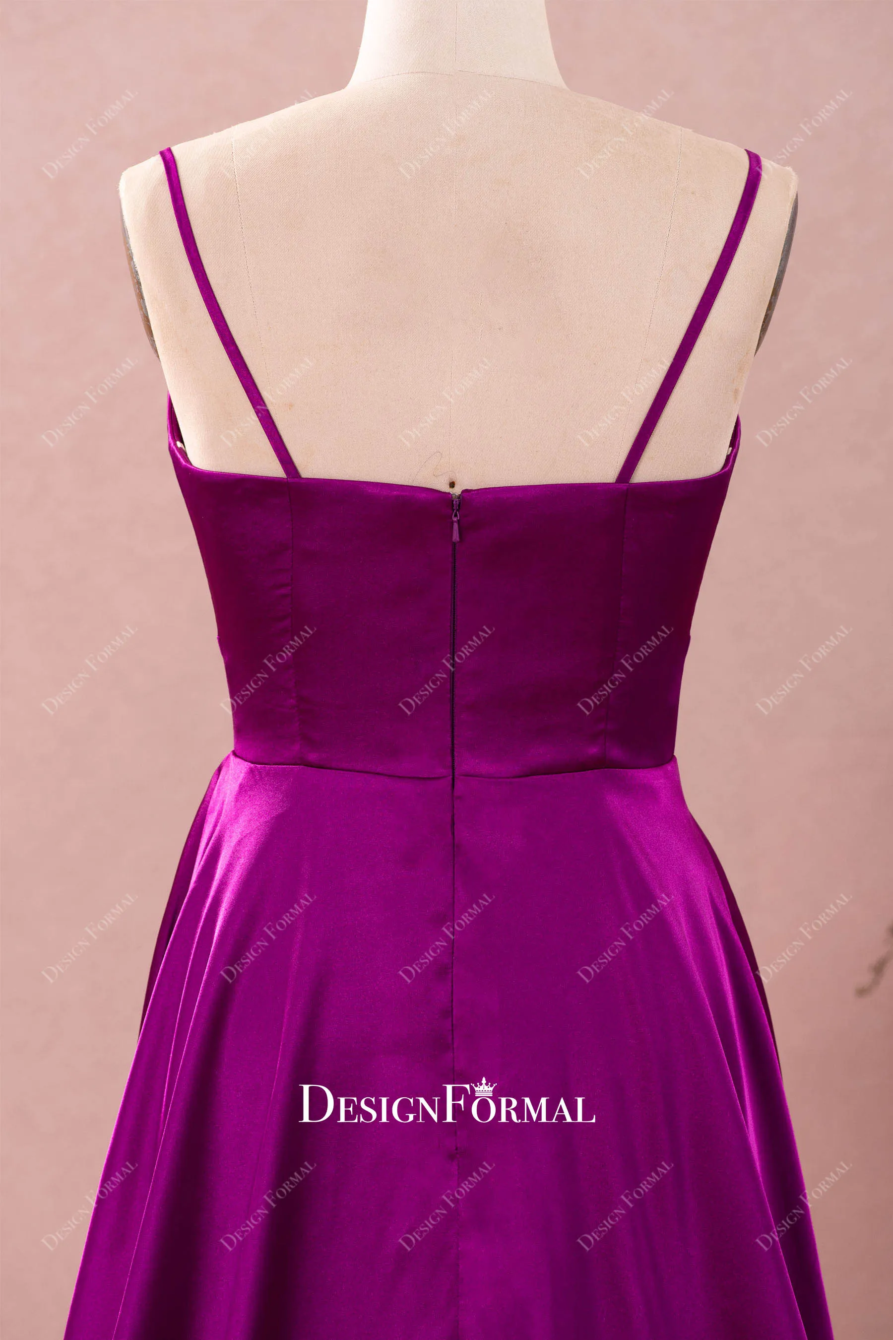 Raspberry Silky Satin Simple Spaghetti Straps V-neck Prom Dress