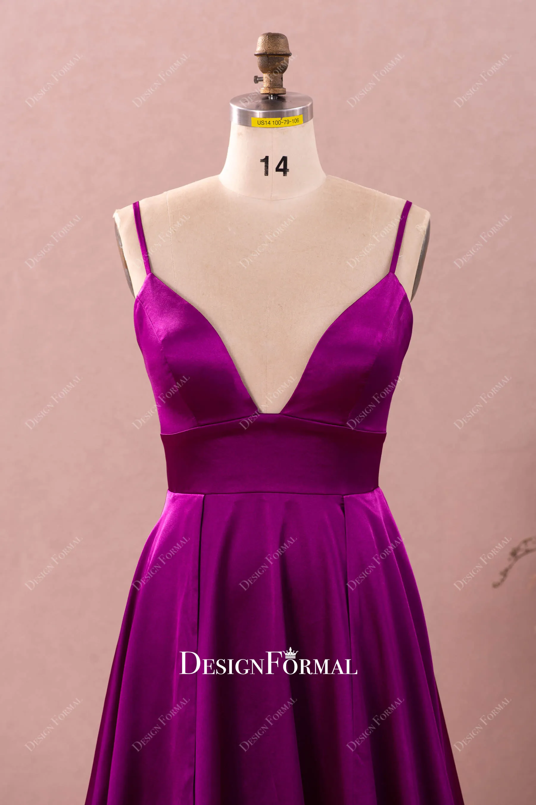 Raspberry Silky Satin Simple Spaghetti Straps V-neck Prom Dress