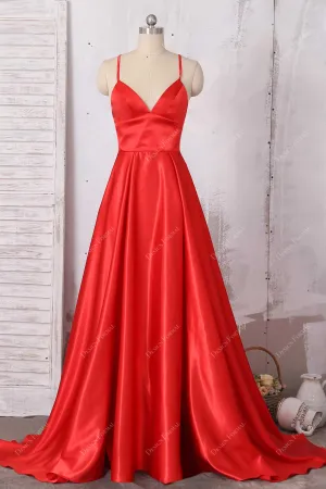 Red Charmeuse Spaghetti Straps Simple Empire Formal Dress