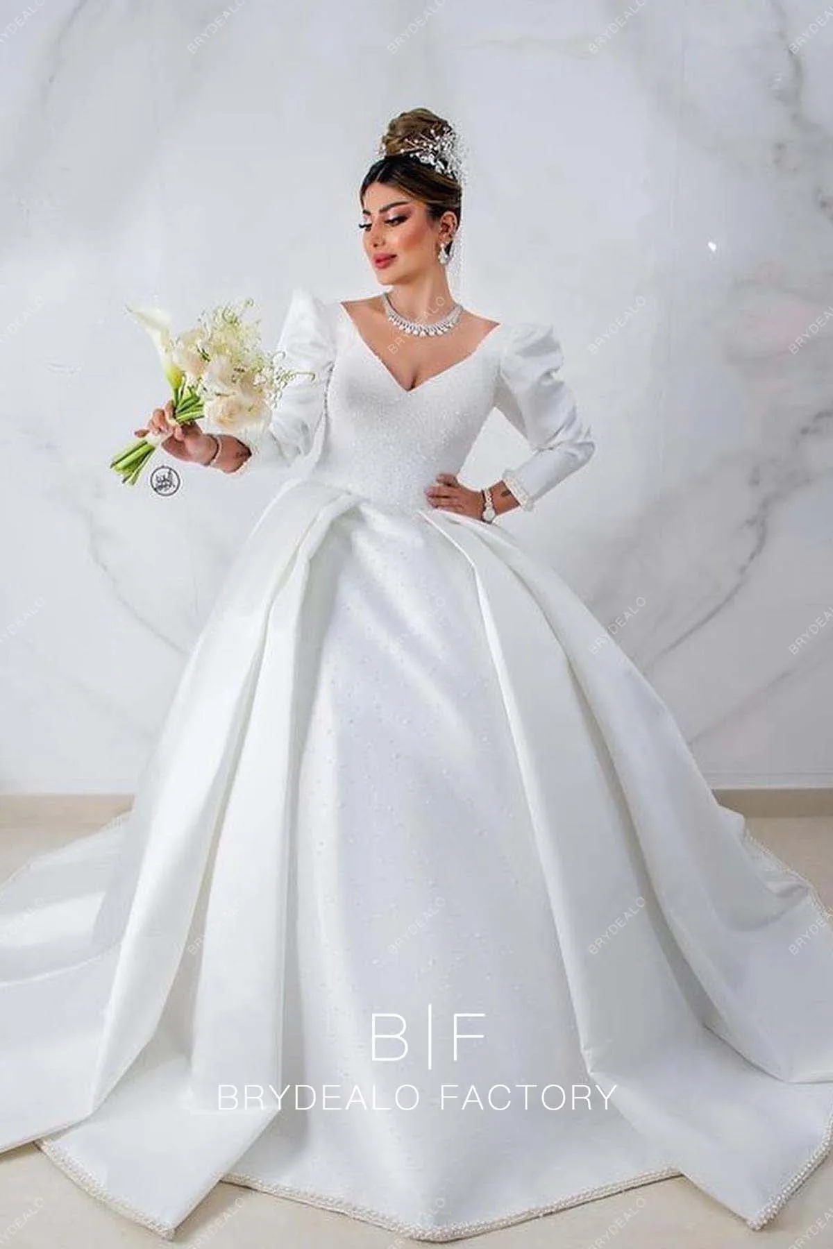 Retro Long Sleeve V-neck Designer Satin Church Wedding Ball Gown