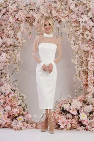 Retro Mock Neck Long Sleeves Tea Length Pencil Wedding Dress