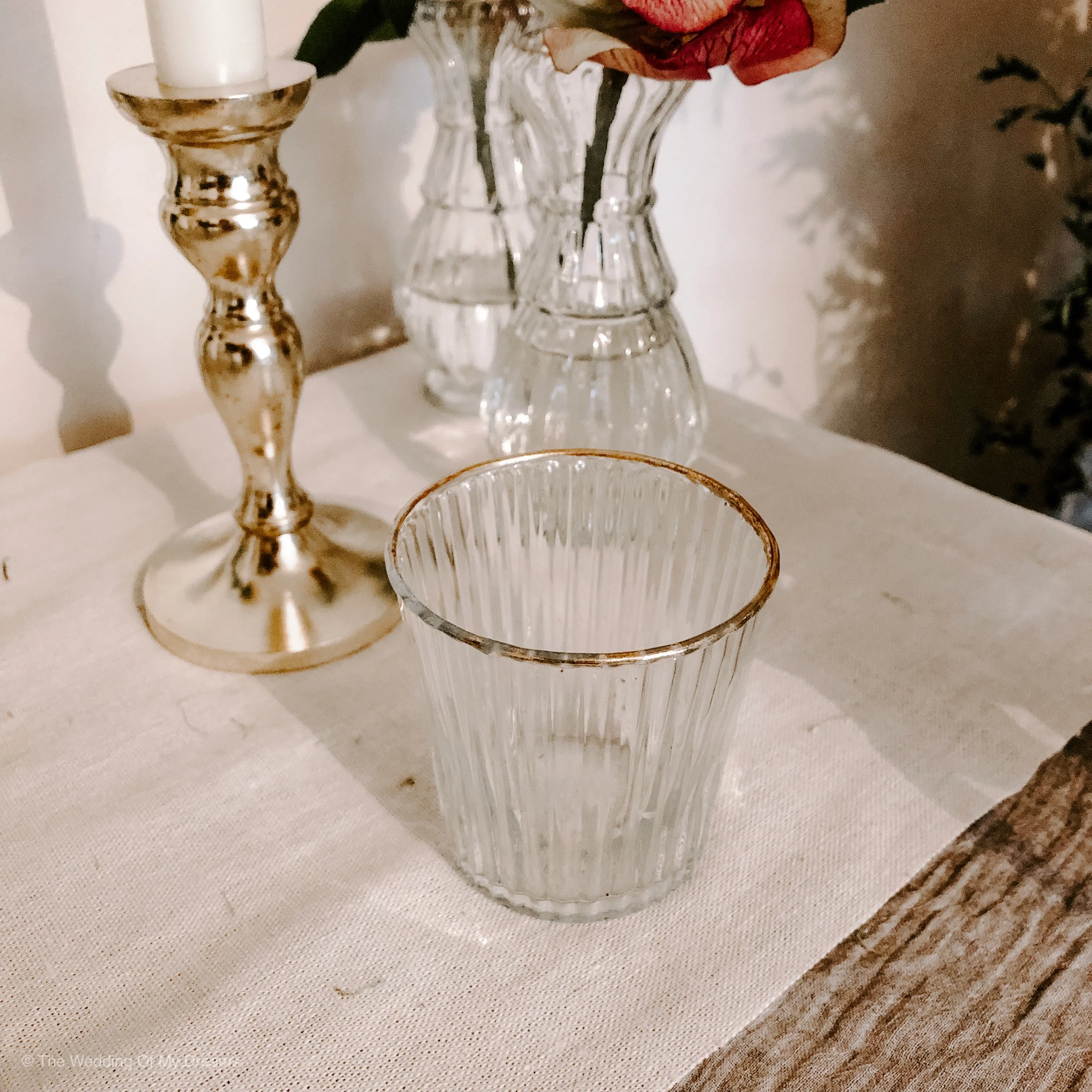 Ribbed Clear Glass Tea Light Holder  with Gold Rim