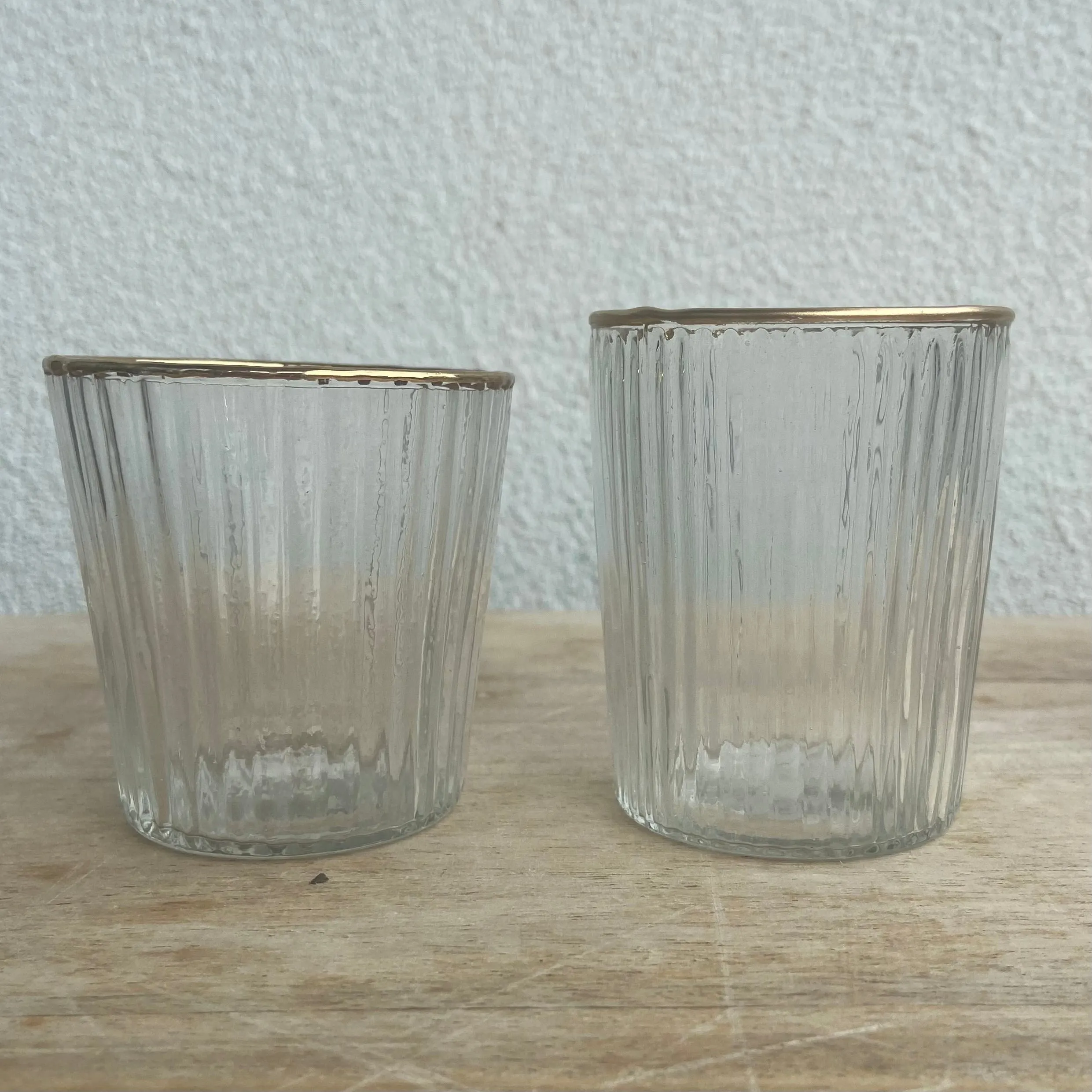 Ribbed Clear Glass Tea Light Holder  with Gold Rim