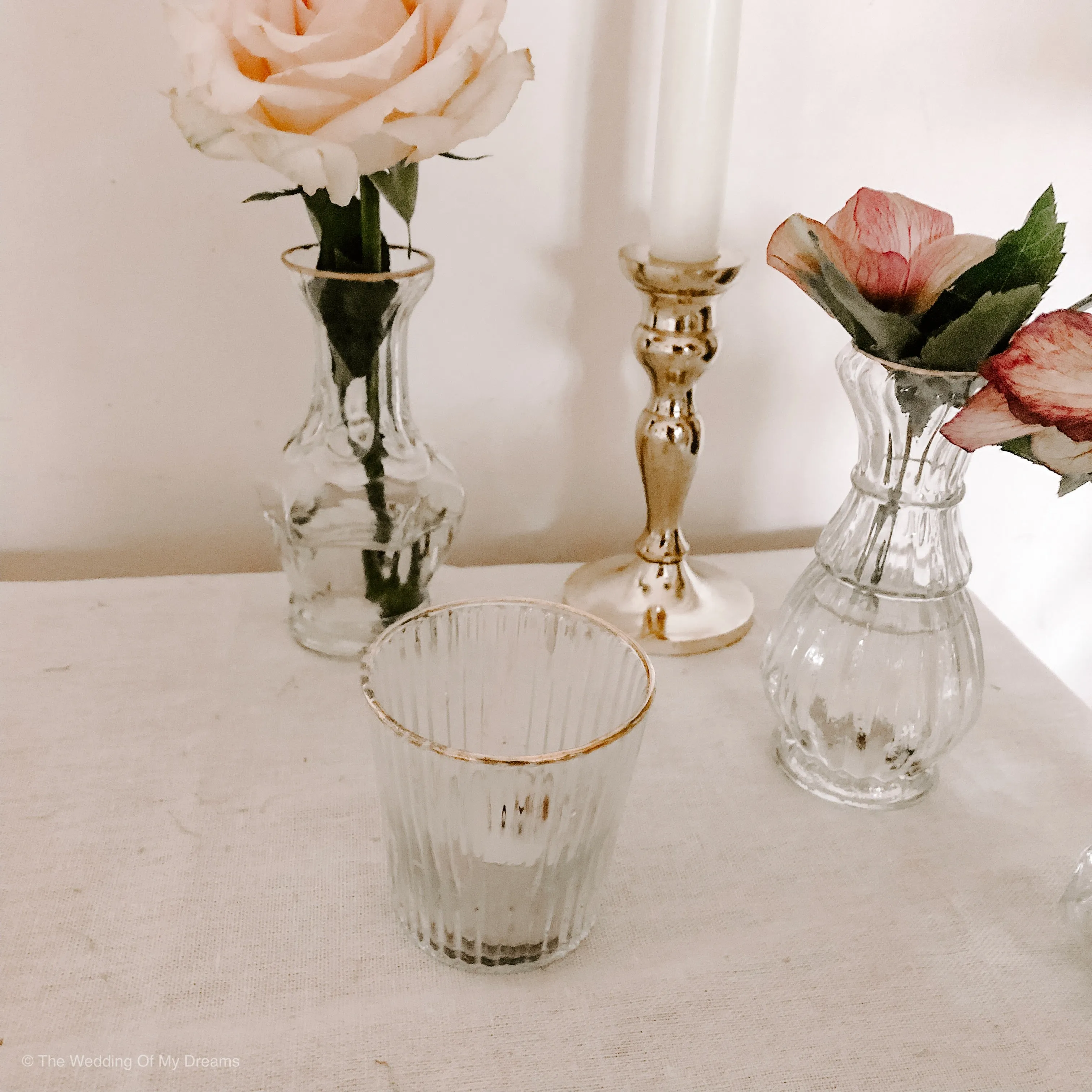 Ribbed Clear Glass Tea Light Holder  with Gold Rim