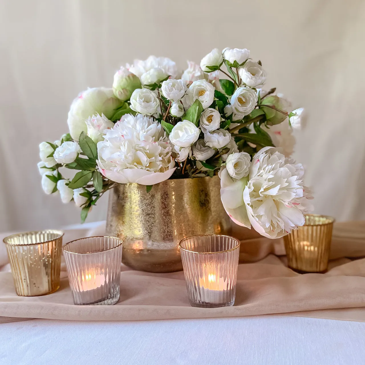 Ribbed Clear Glass Tea Light Holder  with Gold Rim