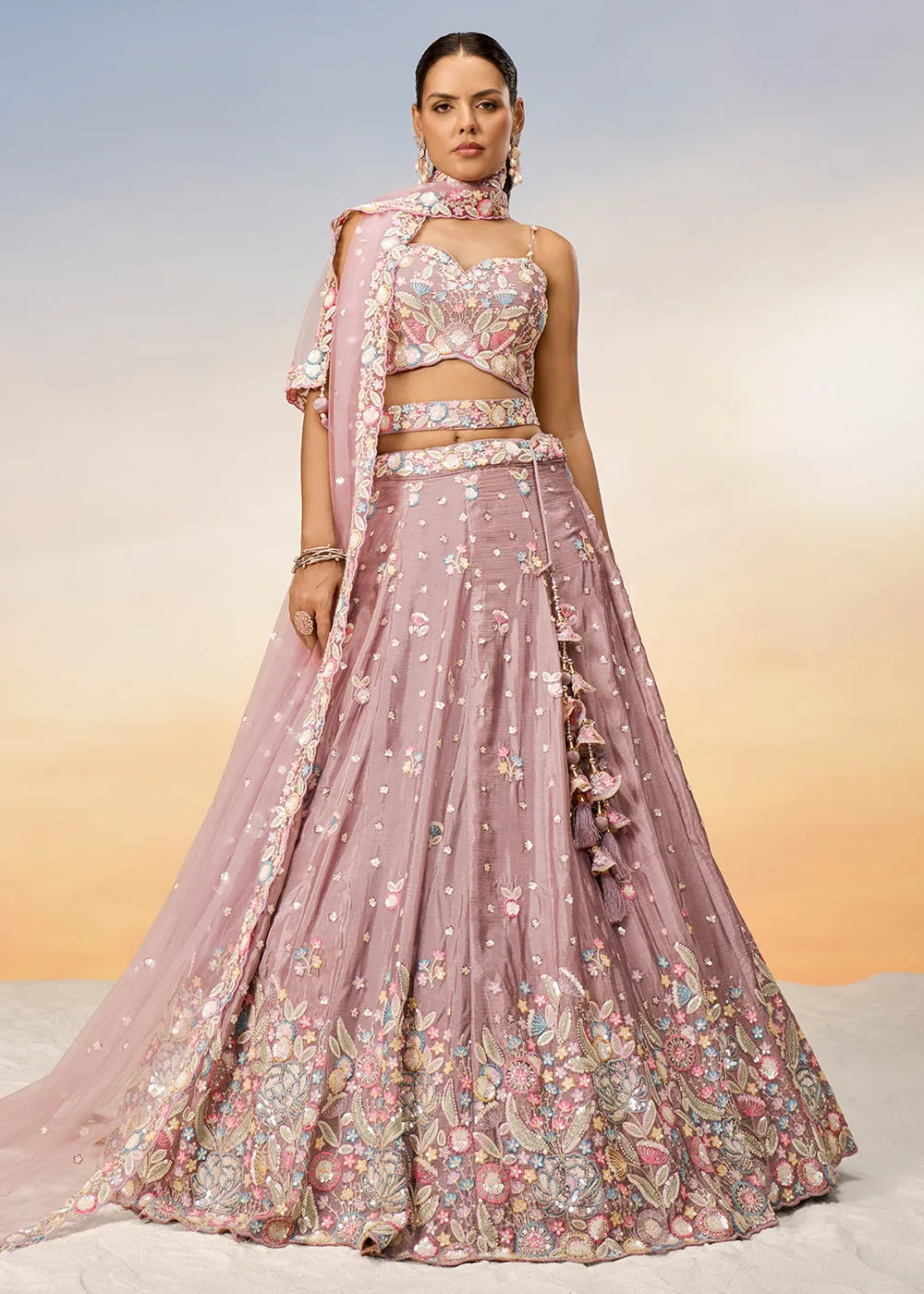 Rose Gold Poly Chiffon Embroidered Wedding Party Lehenga Choli