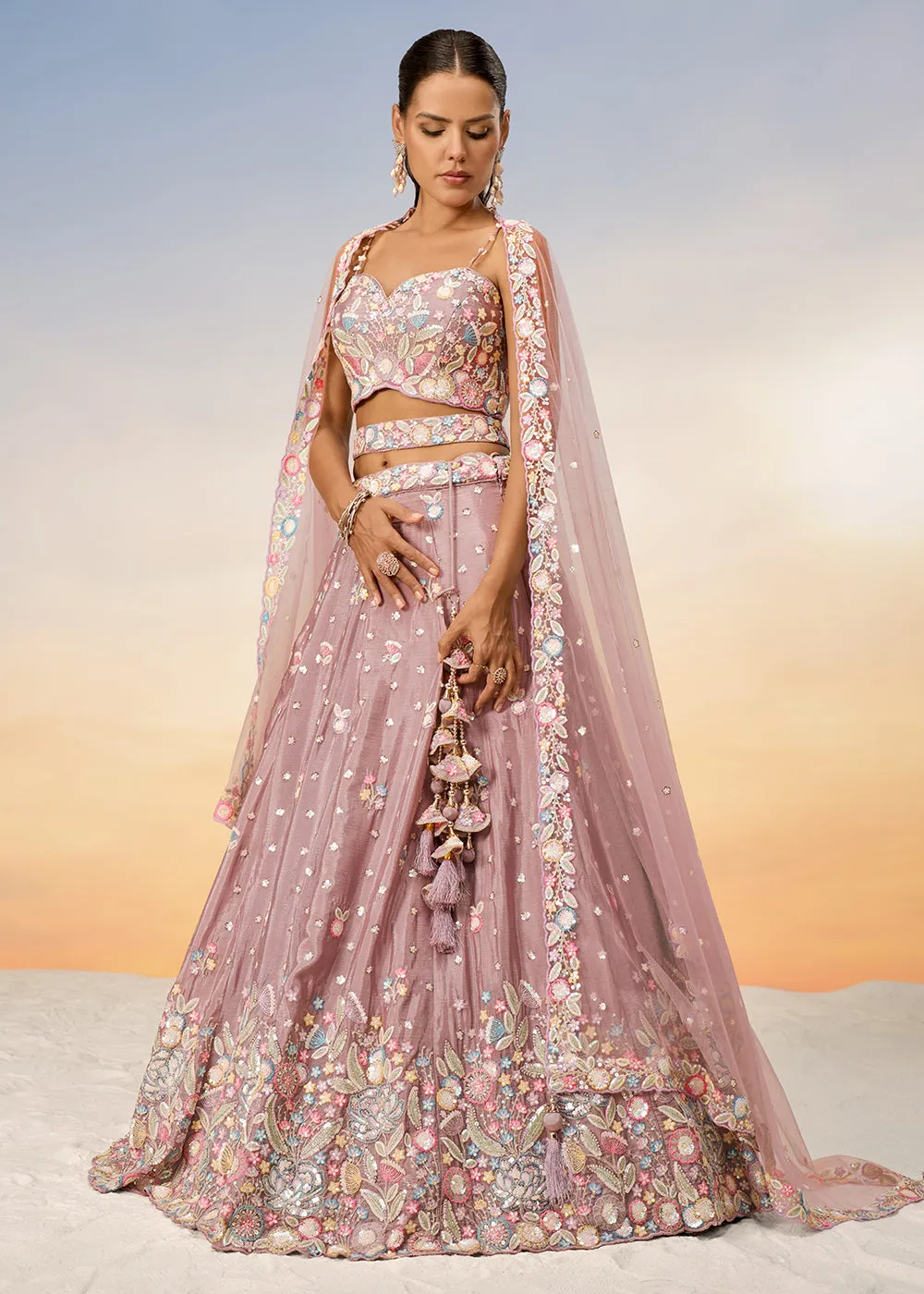 Rose Gold Poly Chiffon Embroidered Wedding Party Lehenga Choli