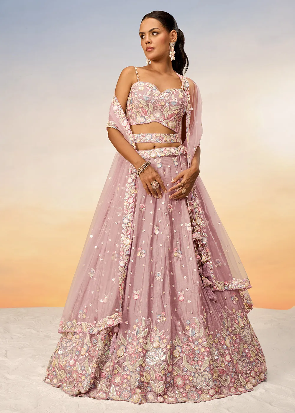 Rose Gold Poly Chiffon Embroidered Wedding Party Lehenga Choli