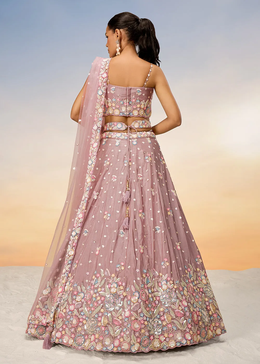 Rose Gold Poly Chiffon Embroidered Wedding Party Lehenga Choli