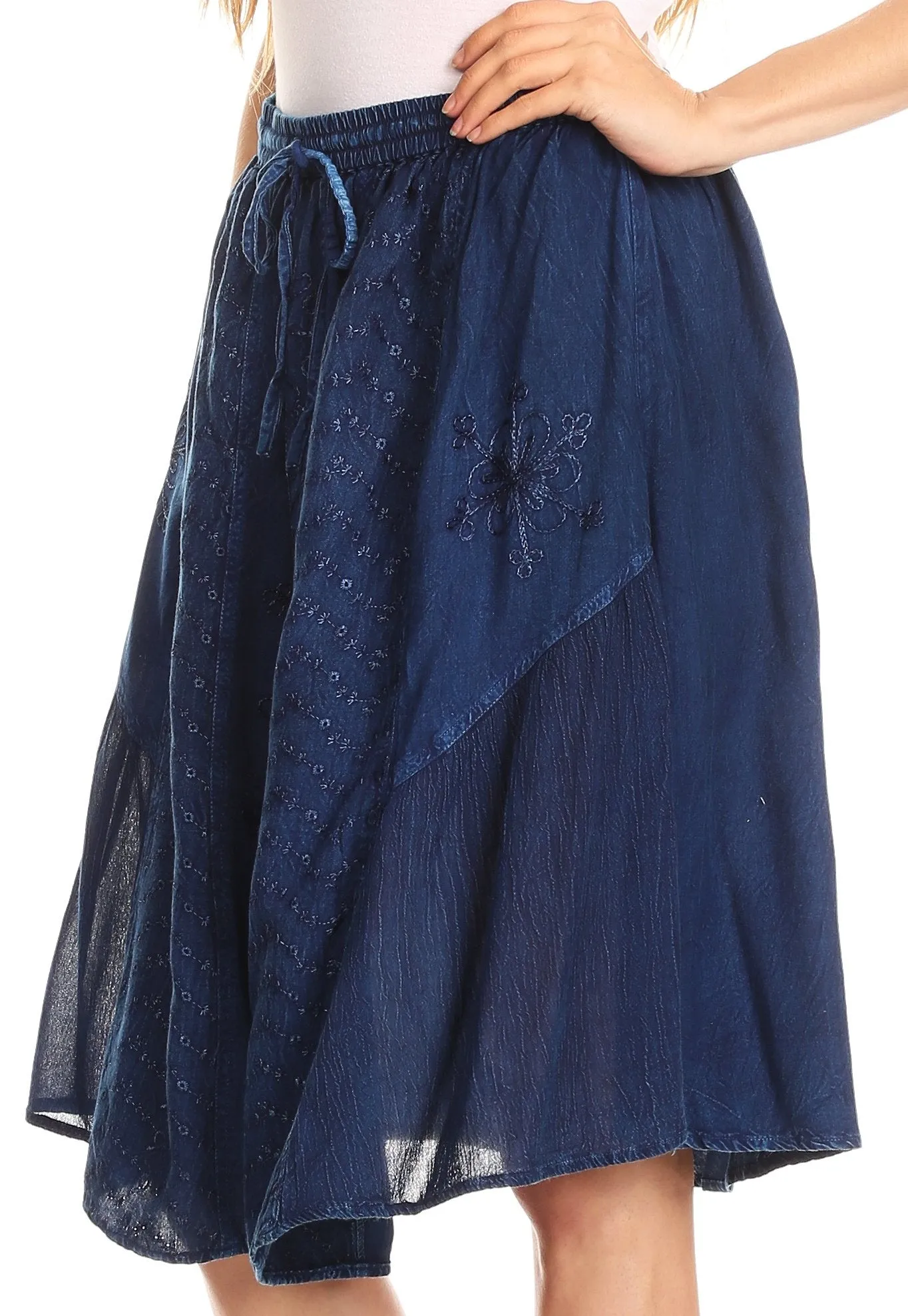 Sakkas Eris Stonewashed Mid Skirt with Adjustable waist Embroidery and Eyelet