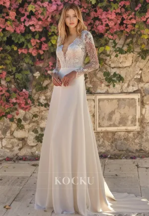 Sexy & Morden A-Line V-Neck Long sleeves Appliques Wedding Dress