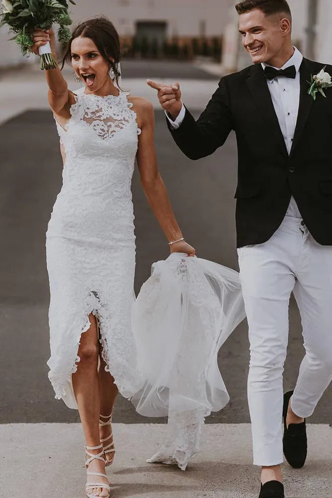 Sheath Beach Front-Slit White Lace Wedding Dress Bridal Dresses Simple Elegant