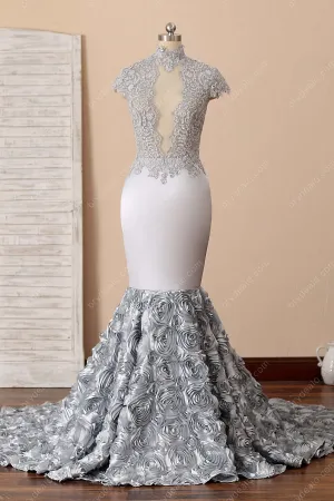 Silver Lace Sexy Keyhole High-neck Mermaid Rose Prom Dress