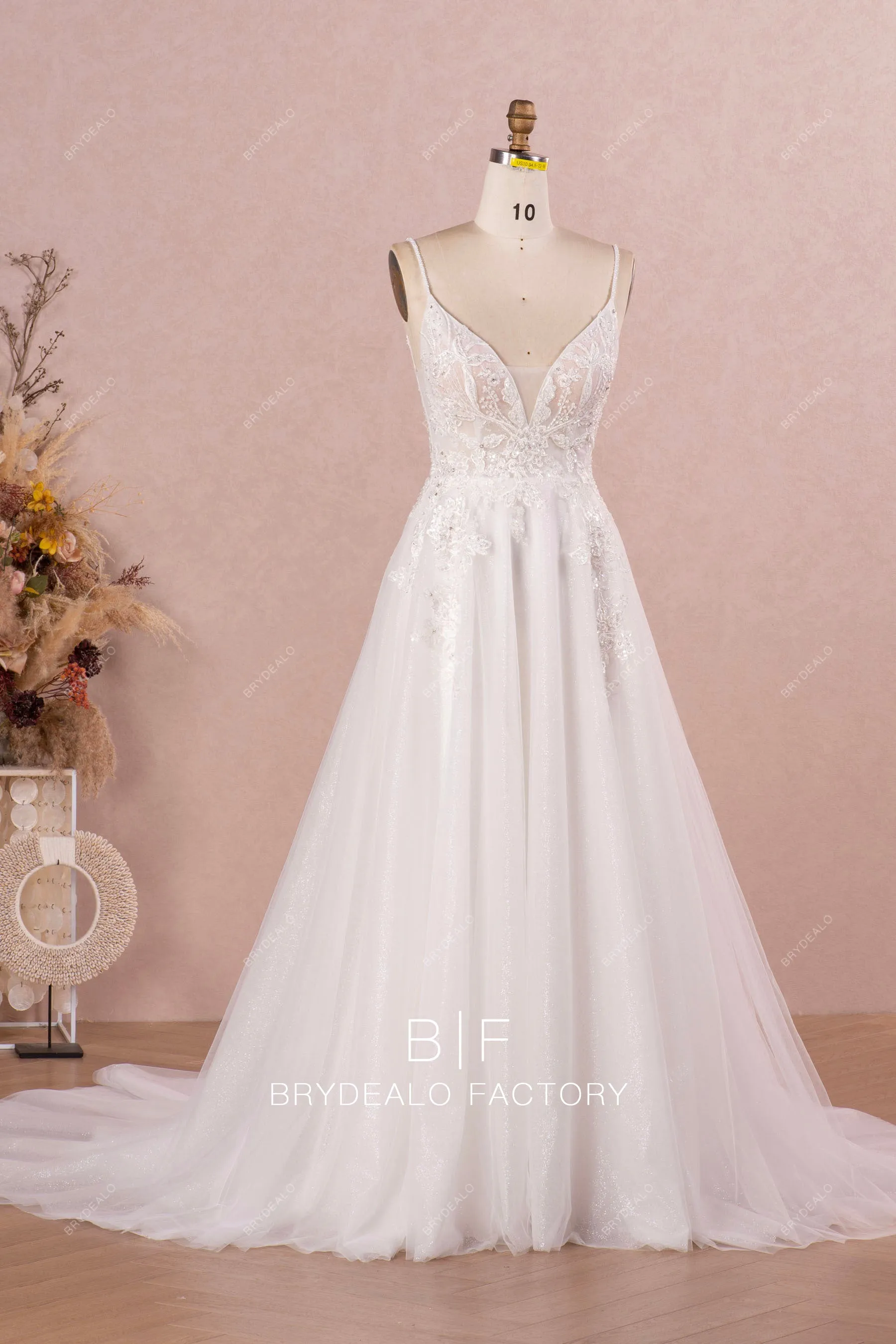 Sleeveless Deep Neck Designer Lace Glitter Bridal Ball Gown